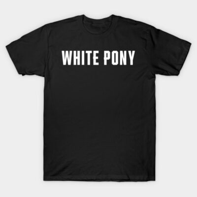 Black t-shirt with "White Pony" text, casual style, cotton material, perfect for everyday wear.