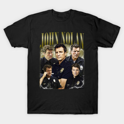 Black graphic t-shirt with "John Nolan" design, featuring multiple images. Casual wear, cotton, unisex style.