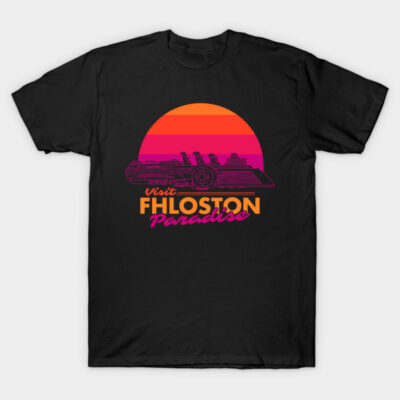 Black T-shirt with retro spaceship graphic and "Visit Fhloston Paradise" text, sunset colors, casual wear.