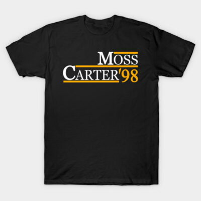 Black cotton t-shirt with "Moss Carter '98" text in white and yellow, casual style, unisex design.