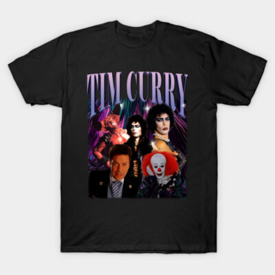 Black graphic t-shirt featuring colorful retro design with various characters for casual wear.