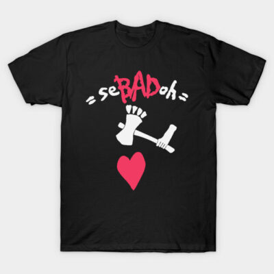 Black graphic T-shirt with red and white text and heart design, casual style, cotton material.