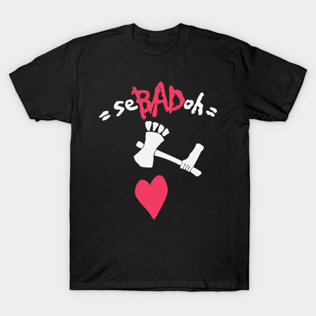 Black graphic T-shirt with red and white text and heart design, casual style, cotton material.