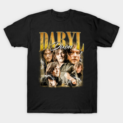 Black graphic t-shirt with bold yellow text and character collage, casual style, ideal for fans and everyday wear.