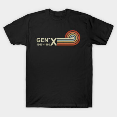 Black Gen X retro graphic t-shirt with vintage design, cotton material, casual wear for everyday style.