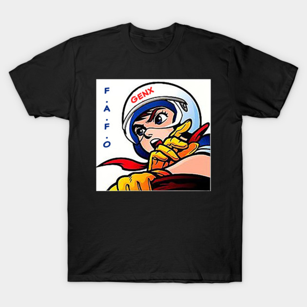 Black graphic t-shirt featuring retro comic-style racer design, ideal for casual wear, made from soft cotton blend.