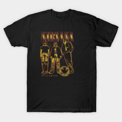 Black Nirvana Nevermind graphic t-shirt, featuring retro band design, casual unisex style, cotton material.