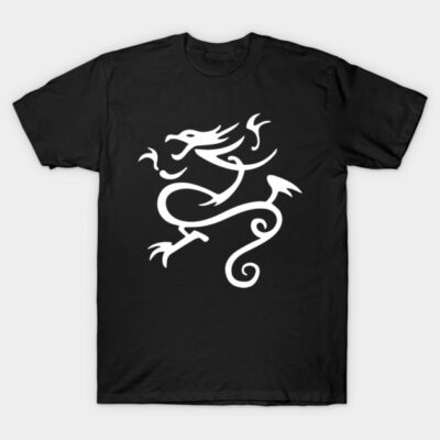 Black T-shirt with white tribal dragon design, casual style, cotton material, perfect for everyday wear.