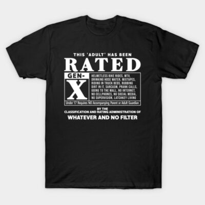 Black "Rated Gen-X" graphic t-shirt with white text, casual style, cotton material, ideal for everyday wear.