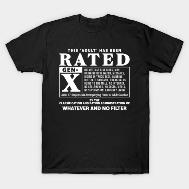 Black "Rated Gen-X" graphic t-shirt with white text, casual style, cotton material, ideal for everyday wear.