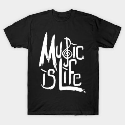 Black "Music is Life" graphic t-shirt, casual style, cotton material, ideal for music lovers.