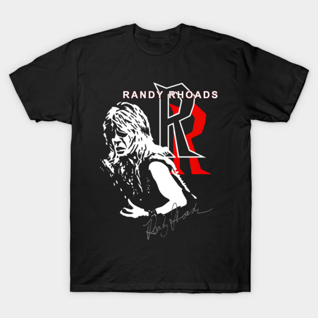 Randy Rhoads Autograph Ozzy Heavy Metal Rock Logo T-Shirt 1 "Black graphic tee with bold red and white design, featuring music-themed artwork, perfect for casual wear."