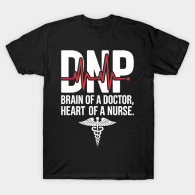 Black DNP t-shirt with "Brain of a Doctor, Heart of a Nurse" text and medical symbol, casual medical apparel.