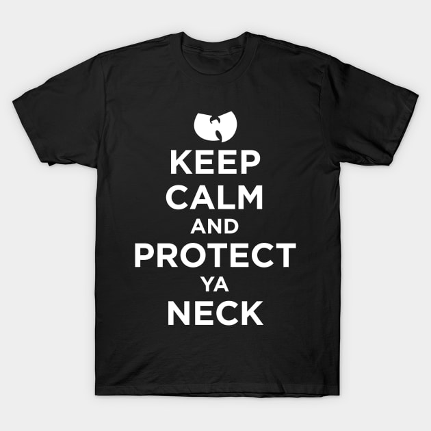 Black graphic t-shirt with "Keep Calm and Protect Ya Neck" text, casual style, cotton material, unisex design.
