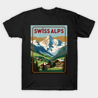 Black T-shirt with Swiss Alps graphic design, featuring mountains and cabins, casual wear, cotton material.