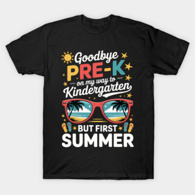 Black t-shirt with colorful "Goodbye Pre-K, Hello Kindergarten" summer-themed design featuring sunglasses.