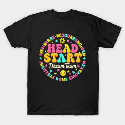 Black "Head Start Dream Team" T-shirt with colorful retro design, casual style, suitable for daily wear.