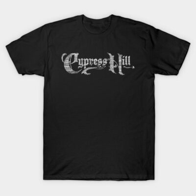 Black cotton t-shirt with vintage-style "Cypress Hill" text print, casual wear, unisex design, comfortable fit.