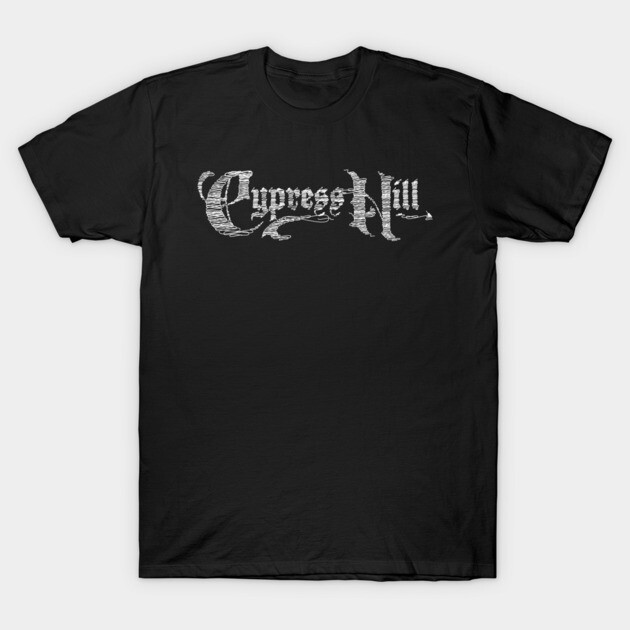 Black cotton t-shirt with vintage-style "Cypress Hill" text print, casual wear, unisex design, comfortable fit.