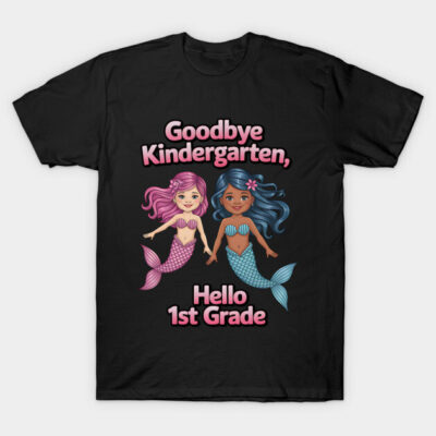 Black t-shirt with colorful mermaid design and text "Goodbye Kindergarten, Hello 1st Grade," ideal for school transition.