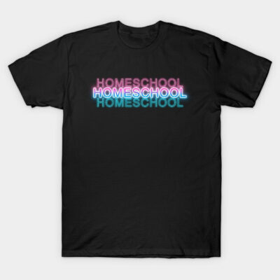 Black T-shirt with "Homeschool" neon lettering, casual style, unisex, cotton material, suitable for everyday wear.