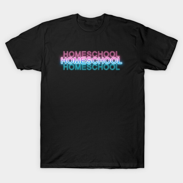 Black T-shirt with "Homeschool" neon lettering, casual style, unisex, cotton material, suitable for everyday wear.
