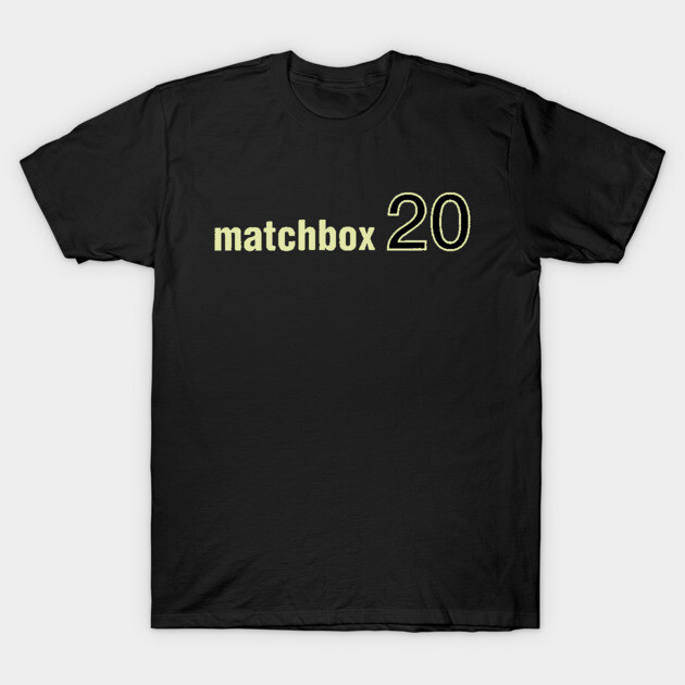 Black cotton T-shirt with "matchbox 20" text in yellow, casual wear, unisex, comfortable fit.