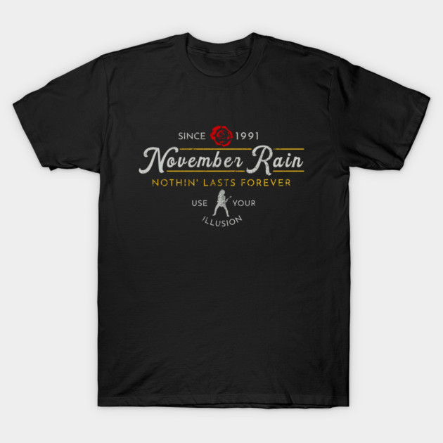 Black graphic t-shirt with "November Rain" text and rose design, casual style, made of cotton, ideal for everyday wear.