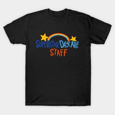 Black t-shirt with "Superstar Daycare Staff" design, featuring colorful text, stars, and rainbow graphic.