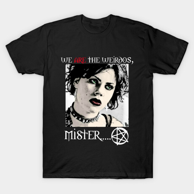 Black graphic t-shirt with "We Are the Weirdos, Mister" text and illustrated portrait, casual gothic style.