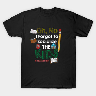 Black t-shirt with humorous text and colorful school-themed graphics, casual wear, cotton material.