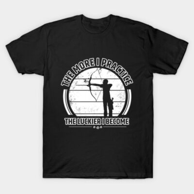 Black t-shirt with archery design and motivational quote, "The More I Practice, The Luckier I Become." Casual wear.