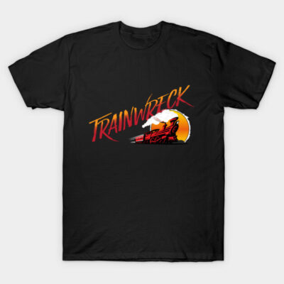 Black graphic t-shirt with vintage train design and bold "Trainwreck" text, casual wear, cotton material.