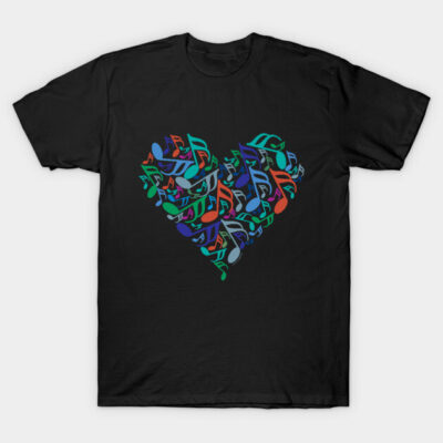 Black t-shirt with colorful musical notes forming a heart shape design. Ideal for music lovers. Cotton material.