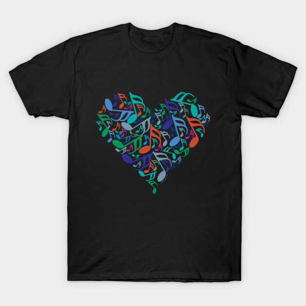 Black t-shirt with colorful musical notes forming a heart shape design. Ideal for music lovers. Cotton material.