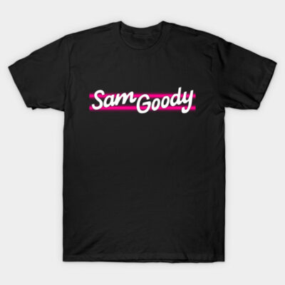 "Black cotton t-shirt with retro-style white and pink graphic text, ideal for casual wear and comfortable fit."