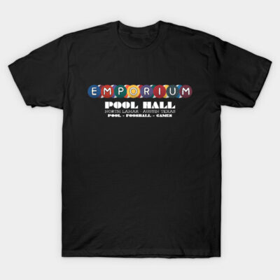 Black t-shirt with colorful "Emporium Pool Hall" design, casual wear, cotton, versatile for everyday use.
