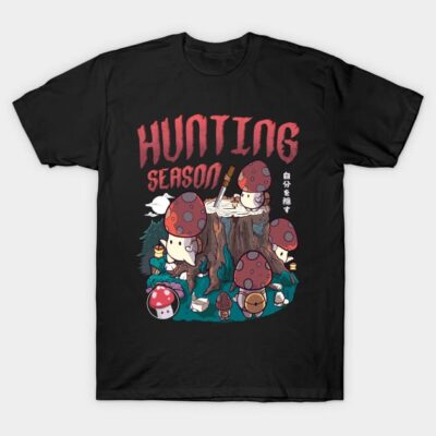 Black T-shirt with whimsical mushroom illustration and "Hunting Season" text, casual unisex style, soft cotton material.