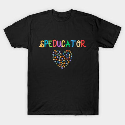 Black "Speducator" t-shirt with colorful text and heart design; casual style, cotton material, ideal for educators.