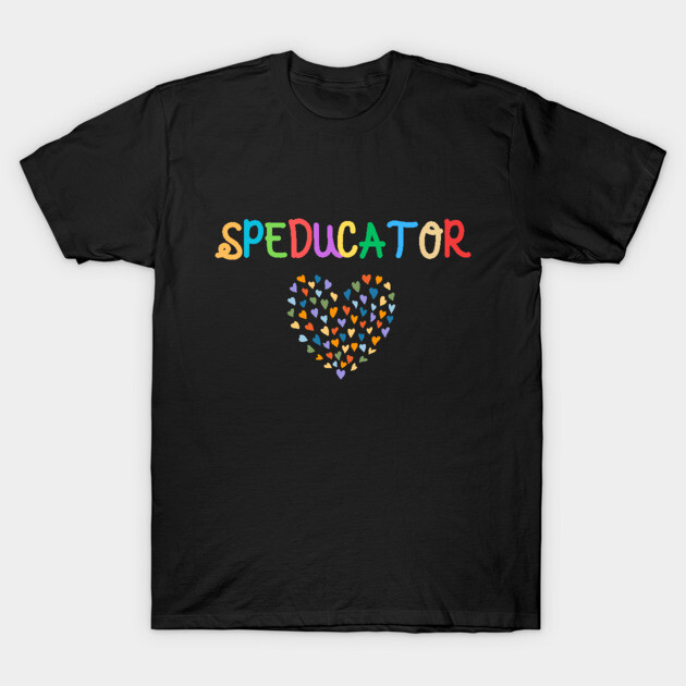 Black "Speducator" t-shirt with colorful text and heart design; casual style, cotton material, ideal for educators.
