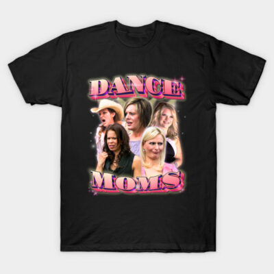 Black "Dance Moms" graphic t-shirt, featuring bold pink text and collage design, perfect for casual wear and fans.