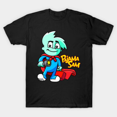 Black cotton t-shirt featuring a cartoon character in a blue costume with red cape, ideal for casual wear.