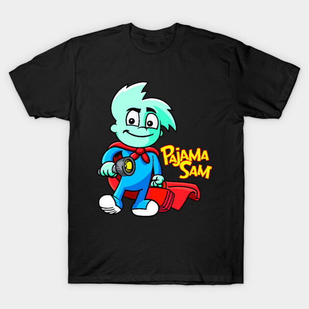 Black cotton t-shirt featuring a cartoon character in a blue costume with red cape, ideal for casual wear.