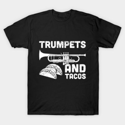 Black t-shirt with "Trumpets and Tacos" graphic, music and food theme, casual wear, cotton material.