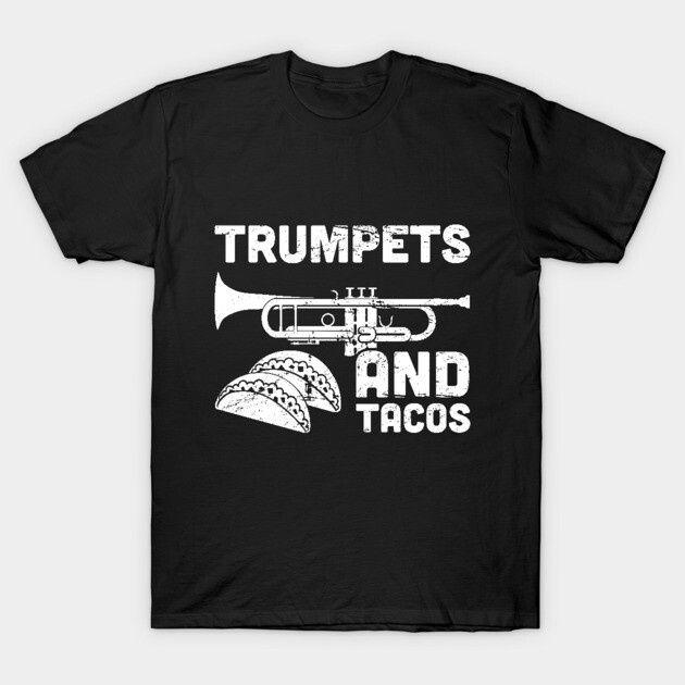 Black t-shirt with "Trumpets and Tacos" graphic, music and food theme, casual wear, cotton material.