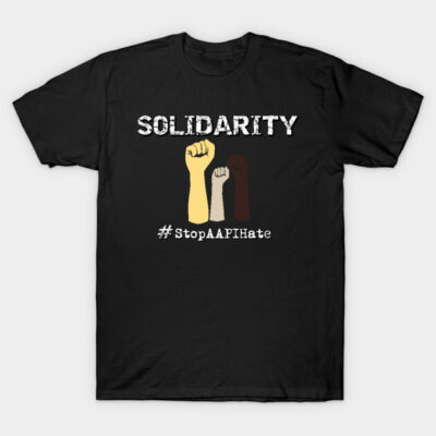 Black T-shirt with "Solidarity" text and three raised fists graphic, promoting unity and awareness.