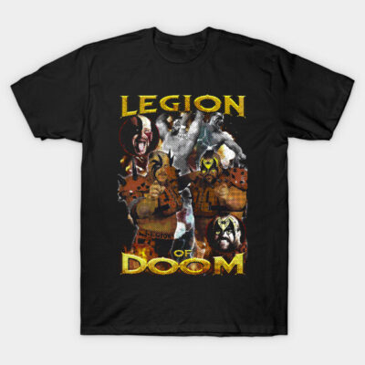 Black Legion of Doom graphic T-shirt, bold design, casual wear, cotton material, perfect for fans and everyday style.