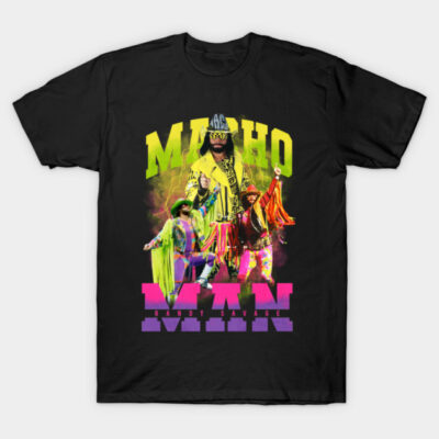 Black graphic T-shirt with colorful retro wrestling design, ideal for casual wear, made from soft cotton material.