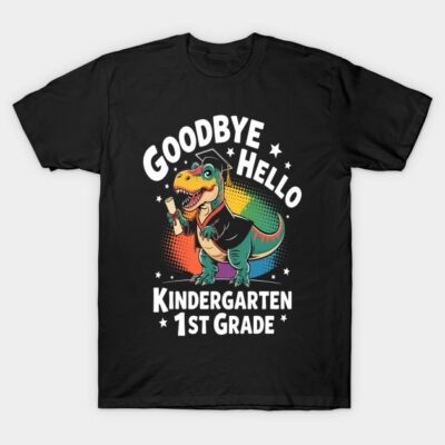 Black t-shirt with colorful dinosaur graduation design, text "Goodbye Kindergarten, Hello 1st Grade," fun kids' apparel.
