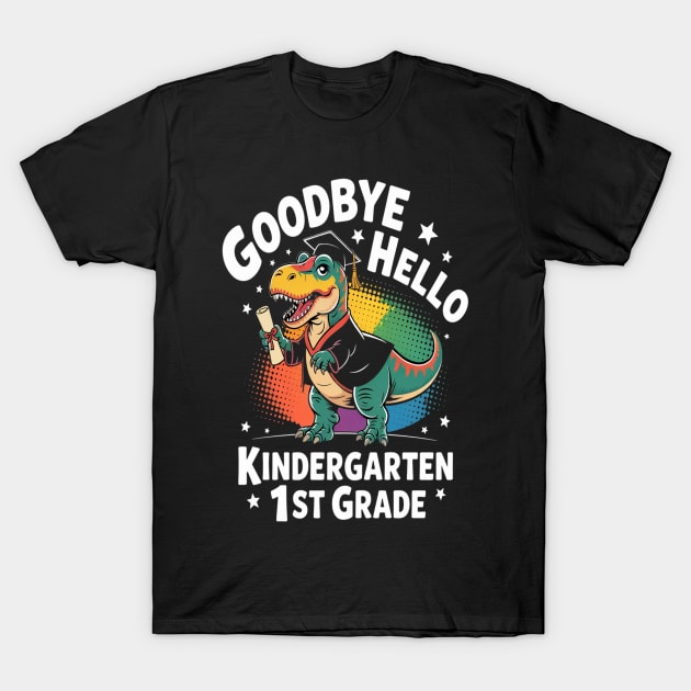 Black t-shirt with colorful dinosaur graduation design, text "Goodbye Kindergarten, Hello 1st Grade," fun kids' apparel.